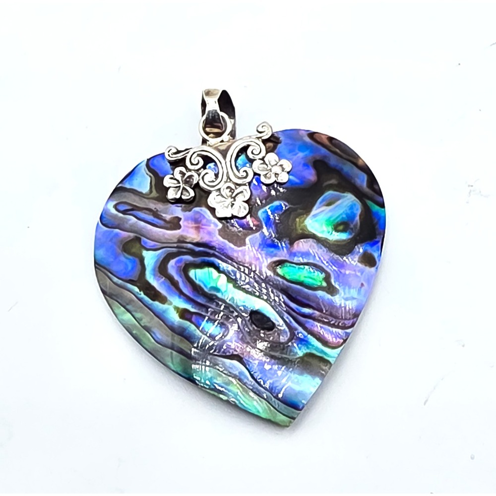 Sterling Silver Flower Abalone Filigree Heart 1.8" Necklace Pendant New
